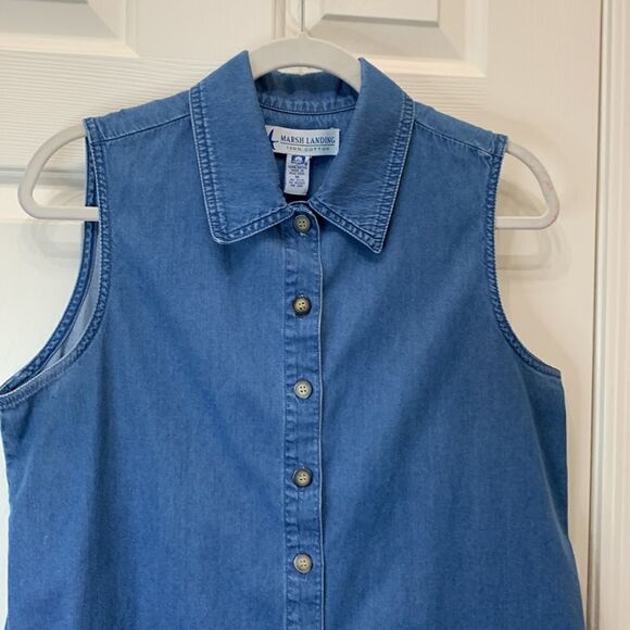 Marsh Landing 💯 Cotton Medium Short Sleeve Midi Button Front Blue Denim Dress - Picture 4 of 9
